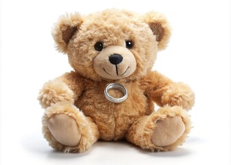 Obraz premium Adorable plush teddy bear with sparkling diamond-shaped engagement ring on its paw, sitting on a soft white background, conveying love and sweet affection.