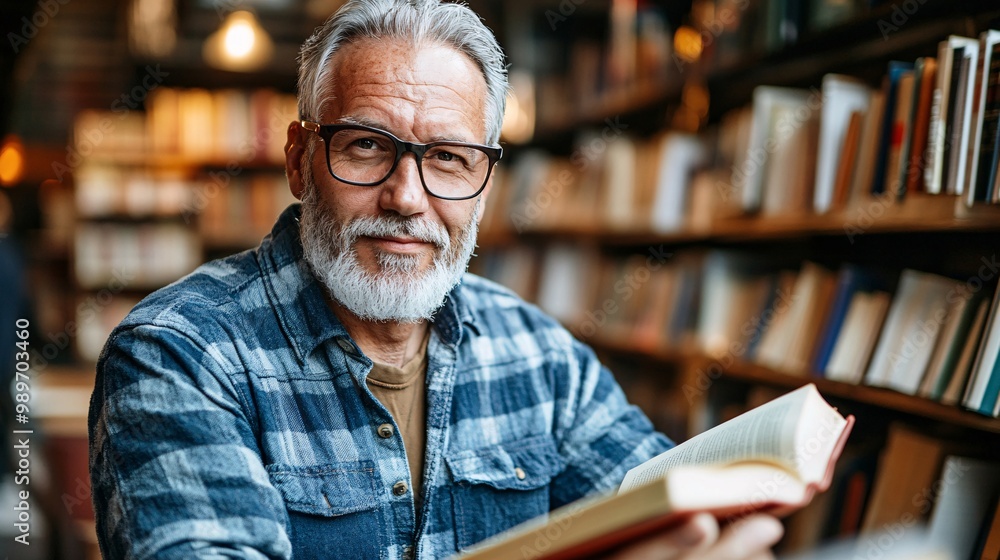 Poster a senior man sitting in a library with shelves of books behind him lost in thought as he reads quiet