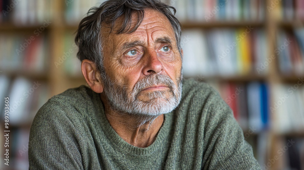 Poster a senior man sitting in a library with shelves of books behind him lost in thought as he reads quiet