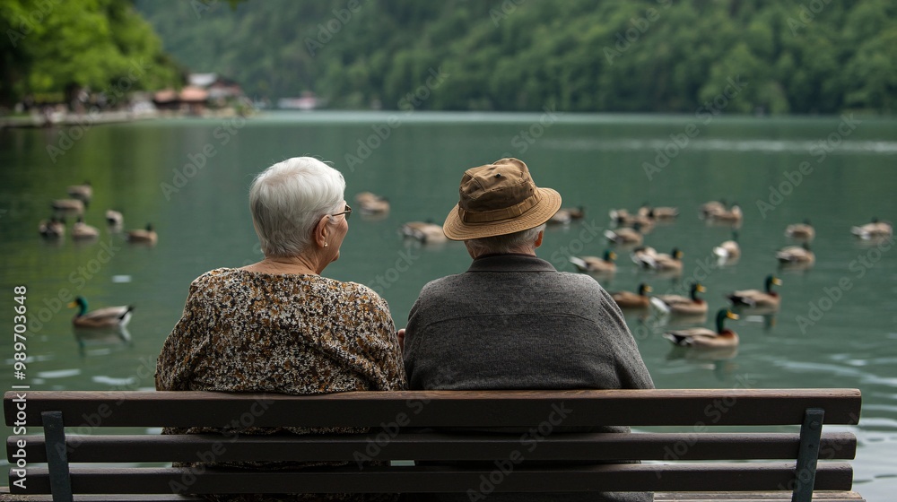 Poster an elderly couple sitting on a bench by the lake feeding the ducks together enjoying the peaceful su