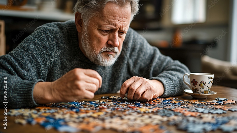 Poster a senior man working on a puzzle at his kitchen table with a cup of tea beside him concentrating wit