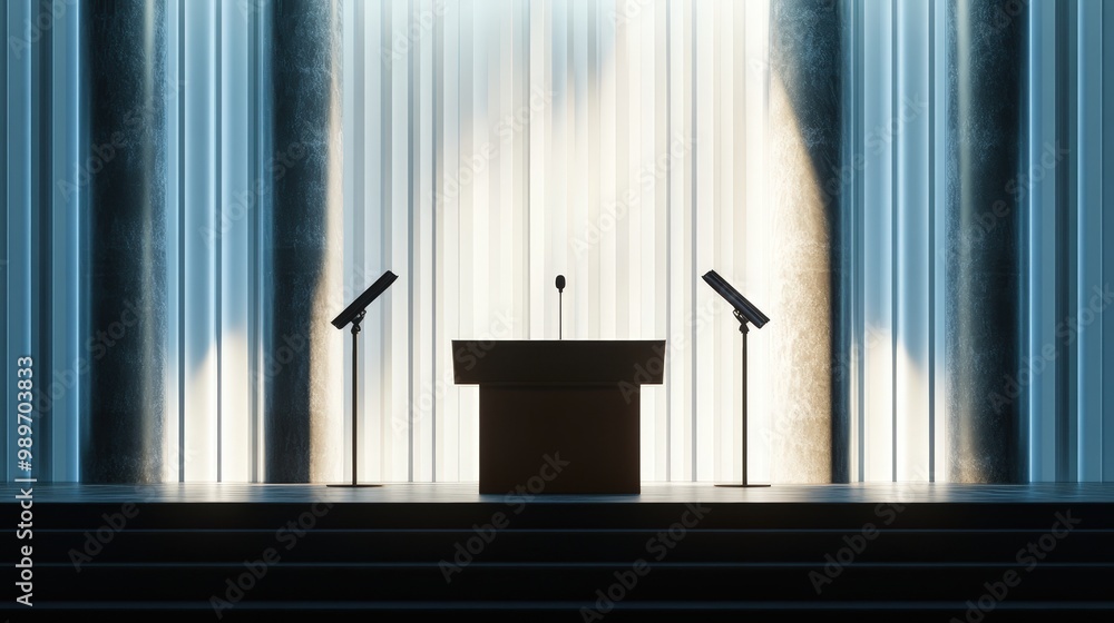 Poster modern stage setup with lectern and microphones for speaker's address