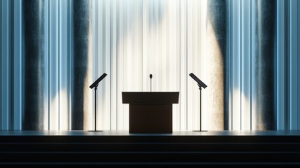 Obraz premium Modern Stage Setup with Lectern and Microphones for Speaker's Address
