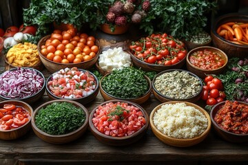 Fototapeta premium Colorful Bulgarian Cuisine Display with Fresh Ingredients and Traditional Dishes on a Rustic Table