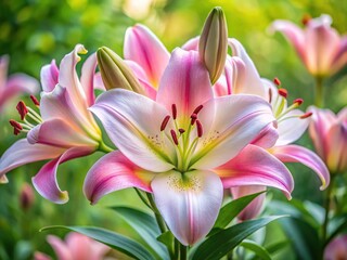 Fototapeta premium Delicate Petals Of A Soft Pink And White Lily Bloom Gently In A Garden, Capturing The Essence Of Springtime Elegance.