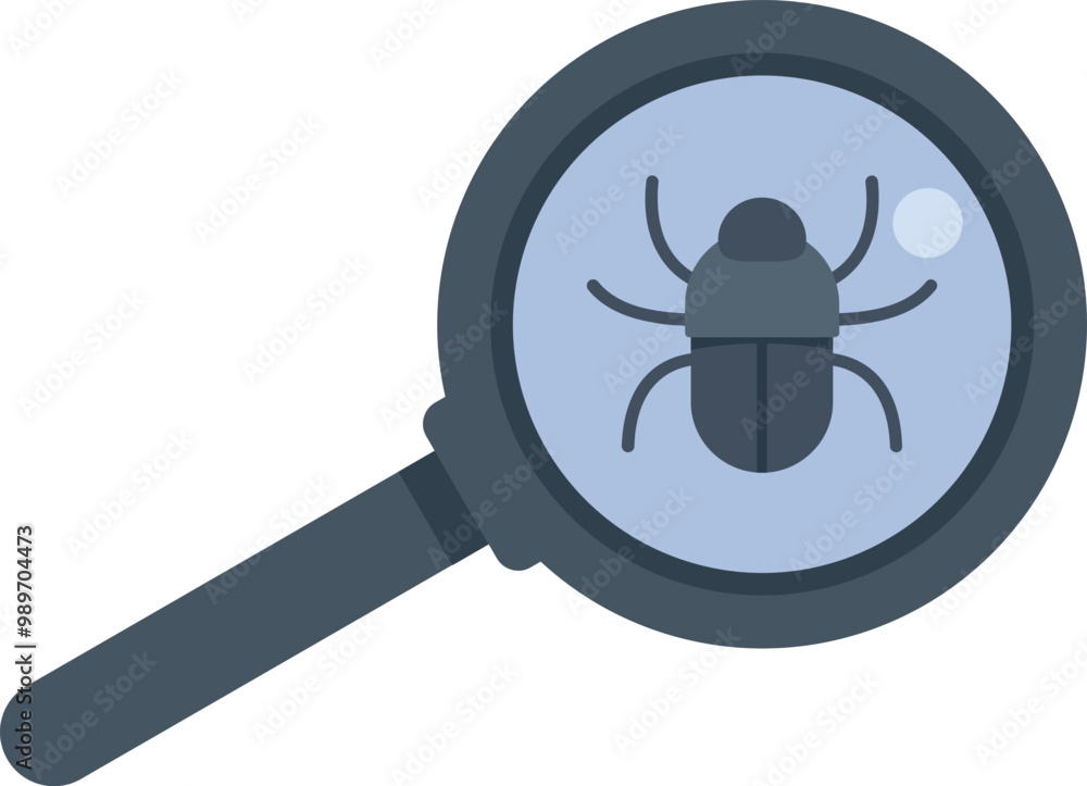 Poster magnifying glass is analyzing a computer bug, searching for viruses and malware