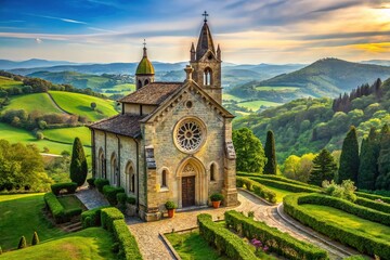 Fototapeta premium Majestic Gothic-style church with intricate stone carvings and stunning stained glass windows, surrounded by lush greenery and rolling hills in a serene Italian landscape.