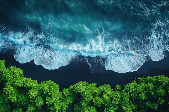 Lush Greenery Framing Pohoiki Black Sand Beach Under Bright Blue Sky in Vibrant Tropical Paradise