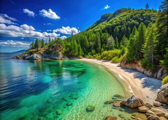 Fototapeta premium Sandy beach with calm turquoise waters and rocky shoreline surrounded by lush green hills and pine trees under a clear blue sky.