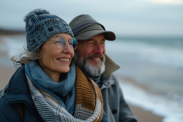 Foto de una pareja adulta feliz disfrutando de una caminata en la playa. Generativa IA