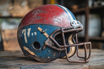 Vintage Football Helmet Displayed in a Bright, Vivid Setting with Colorful Background Elements