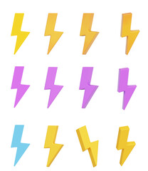 3d set of yellow, purple and blue charger symbol with rotation. Yellow sign thunder. Symbol of energy, danger. Minimalistic electrical discharge.