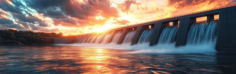 Hydroelectric dam generating clean energy with rushing water and turbines