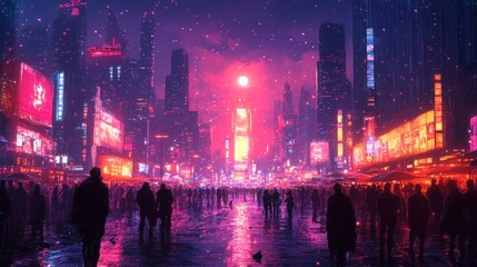 Fototapeta premium Neon Cityscape under a Red Moon