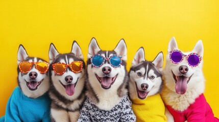 Fototapeta premium Playful Husky Puppies in Colorful Outfits - Fun Animal Fashion Concept for Parties and Events