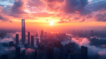 Fototapeta premium Mist shrouds city streets as sun rises captivating images