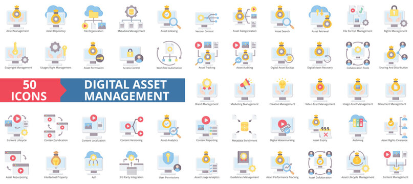 Digital asset management icon collection set. Containing repository, cloud file ,database ,indexing, version control, cms, content icon. Simple flat color vector illustration.