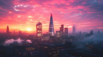 Fototapeta premium Sunlight filters through city fog creating breathtaking morning images