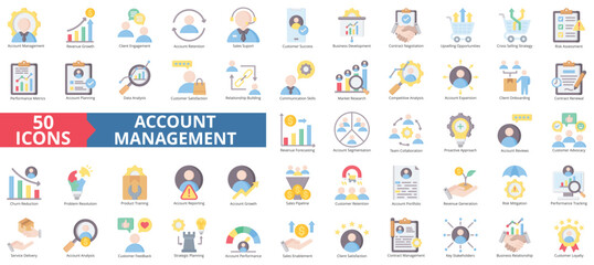 Account management icon collection set. Containing client engagement, retention, sales support, verified, business presentation, contract negotiation, upselling icon. Simple flat color illustration.
