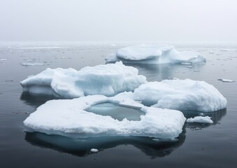 Floating Icebergs in Calm Arctic Ocean Depicting Serene Yet Chilling Landscape Under Misty Sky, a View of Remote Polar Natural Beauty