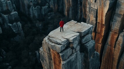 Man stands cliff gazing steep cliffs, deep gorges, vast landscape scenery. AI generated