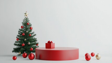 Christmas tree with red decorations and gifts on a circular podium Minimalistic winter scene with festive elements, ideal for holiday themed presentations and advertisements