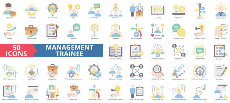 Management trainee icon collection set. Containing apprentice, leadership, development, skill, mentorship, supervisor, career icon. Simple flat color illustration.