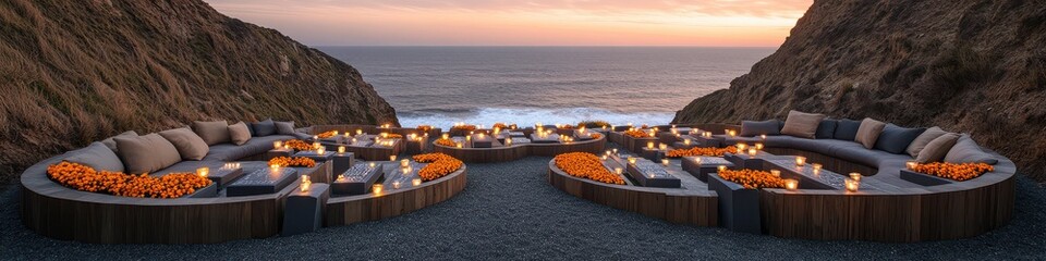 Luxurious cliffside seating area at sunset with cozy fire pits and ocean view nestled between two rocky formations