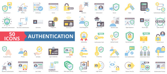 Authentication icon collection set. Containing identity, verification, access, password, biometric, authorization, secure icon. Simple flat color illustration.