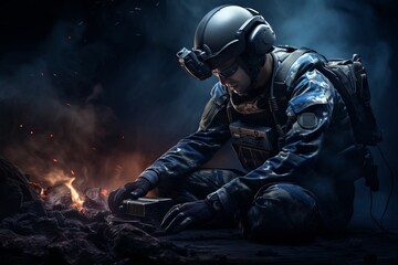 Soldier working in tactical gear during a nighttime operation in a warzone setting
