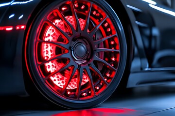 A close-up of a carâ€™s brake disc, glowing red-hot after heavy braking during a race