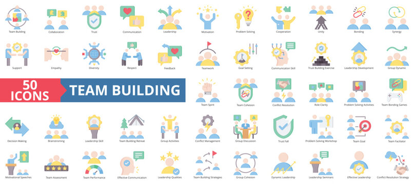 Team building icon collection set. Containing collaboration, trust, communication, leadership, motivation, problem solving, cooperation icon. Simple flat color illustration.