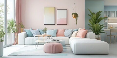 Obraz premium Cozy Living Room with Pastel Colors, Modern Furniture, and Natural Light