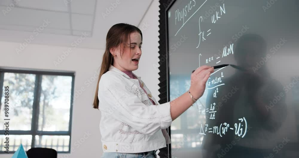Poster teaching, math and writing on board, woman and explaining of equations, smile and talking in school.