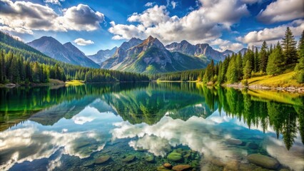 Fototapeta premium Serene lake nestled in the mountains , nature, landscape, tranquil, scenery, reflection, water, trees, wilderness, peaceful