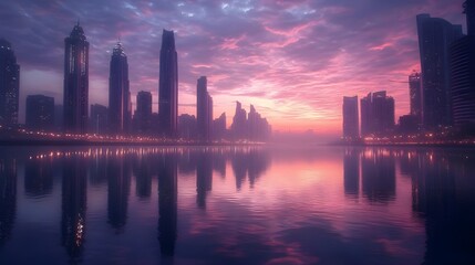 Fototapeta premium Morning mist over city with sun rising peaceful images