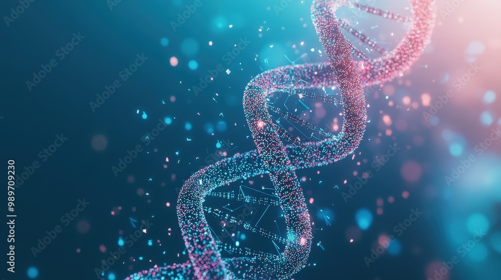 Poster genetic data analysis: digital dna helix with data points on pastel background for bioinformatics re