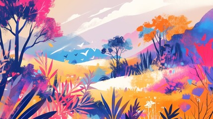 Abstract landscape painting with vibrant colors and stylized trees