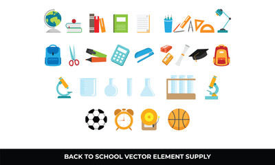 School supplies, books, globe, backpacks, sports equipment.