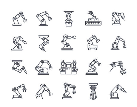 Set of robotic hand line icons. Simple symbols with automated industrial robot manipulators for factories. Editable stroke. Outline vector illustration collection isolated on white background