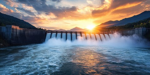 Hydroelectric dam generating clean energy with rushing water and turbines