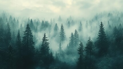 Misty fir forest with soft morning light filtering through the fog