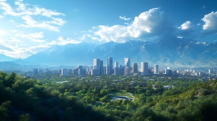 Naklejka premium Daytime view of a city skyline under a clear blue sky