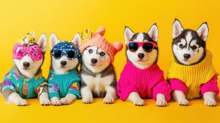 Obraz premium Playful Husky Puppies in Vibrant Outfits Mockup for Creative Marketing and Parties with Copy Space