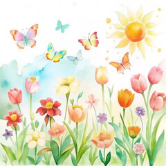flowers and butterfliesflower, spring, nature, tulip, vector, floral, summer, illustration, plant, flowers, art, pattern, leaf, design, tulips, beauty, pink, card, decoration, garden, blossom, meadow,