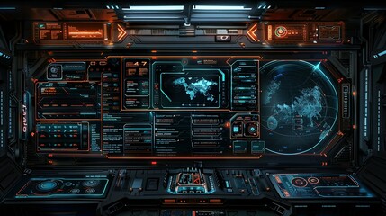 Obraz premium Futuristic Control Panel with World Map and Data Displays