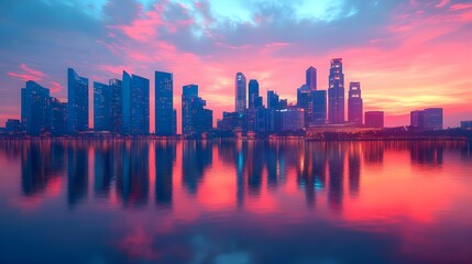 Fototapeta premium Rising sun casts glow on foggy cityscape captivating images