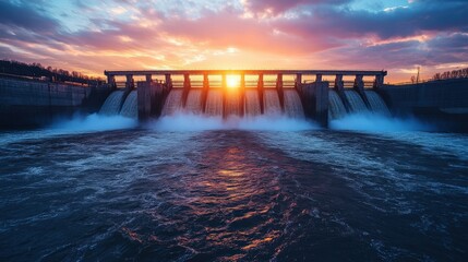 Obraz premium Hydroelectric dam generating clean energy with rushing water and turbines