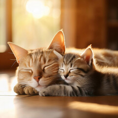 Fototapeta premium A mother cat and her kittens are sleeping together.