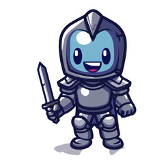 A cute cartoon knight in silver armor with a sword, standing on a platform and smiling.